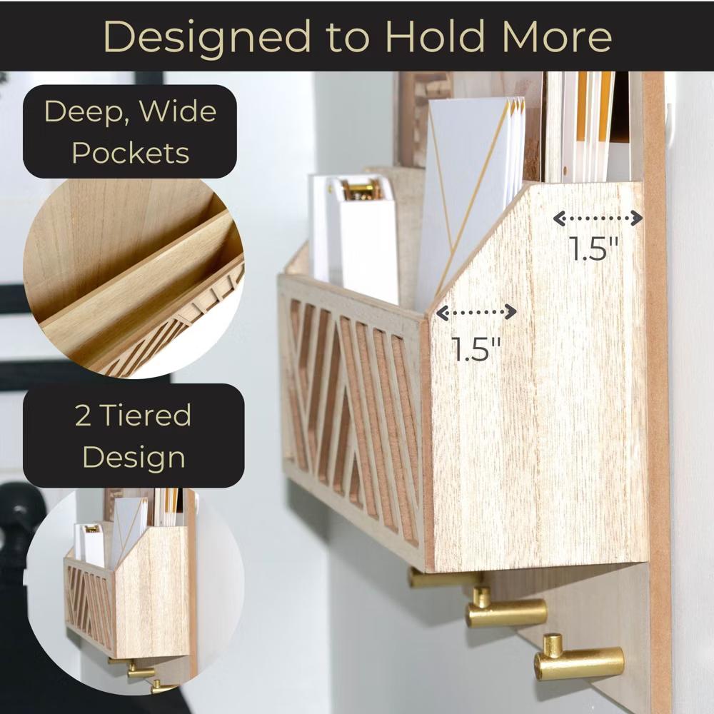 Wall Mounted Mail Organizer with 2 Slots and 3 Hooks – Multiple Finishes – MDF Wood - Image 18