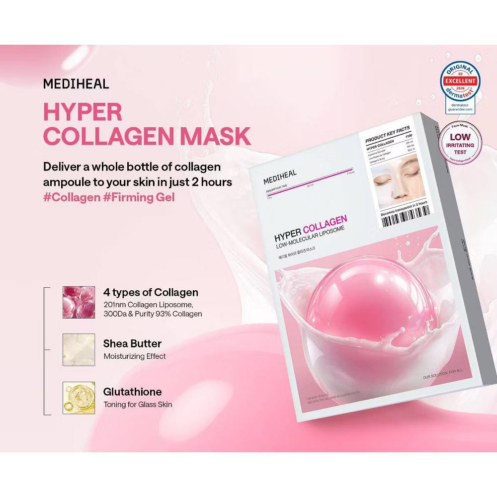 MEDIHEAL Low-Molecular Liposome Hyper Collagen Mask: Hypoallergenic, Sheet Form, Face Application, For Normal & Dry Skin - Image 2