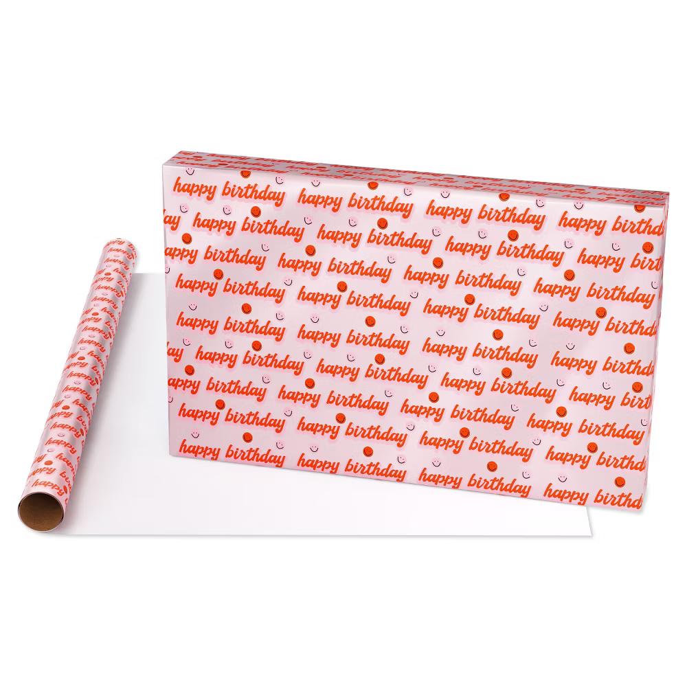 Happy Birthday Foil Wrapping Paper, Pink Smiley Faces 1 Roll 72"x30" - 15 sq ft - Designed by Spaghetti and Meatballs - Image 5