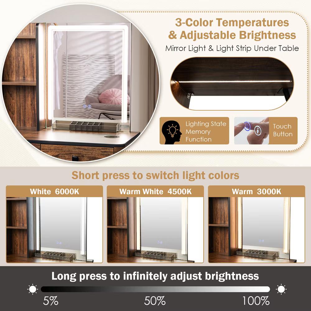 Vanity Set with Dimmable Lighted Mirror 3 Lighting Modes - Image 6