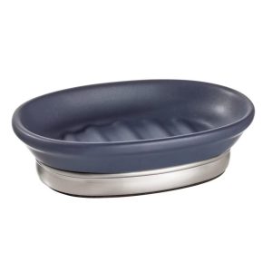 York Soap Dish Matte Navy/Brushed Nickel: Ceramic & Steel Bathroom Holder, Easy to Clean