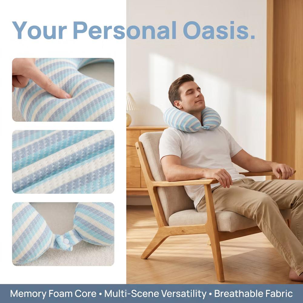 U‑Shape Memory Foam Travel Neck Pillow Striped Cover for Airplane Office 1Pc - Image 3