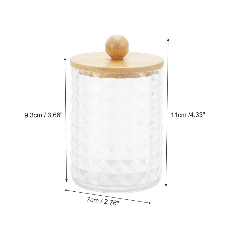 Square Diamond Pattern Acrylic Bamboo Wood Cotton Swab Jar Clear Wood Color 1 Pc - Image 4