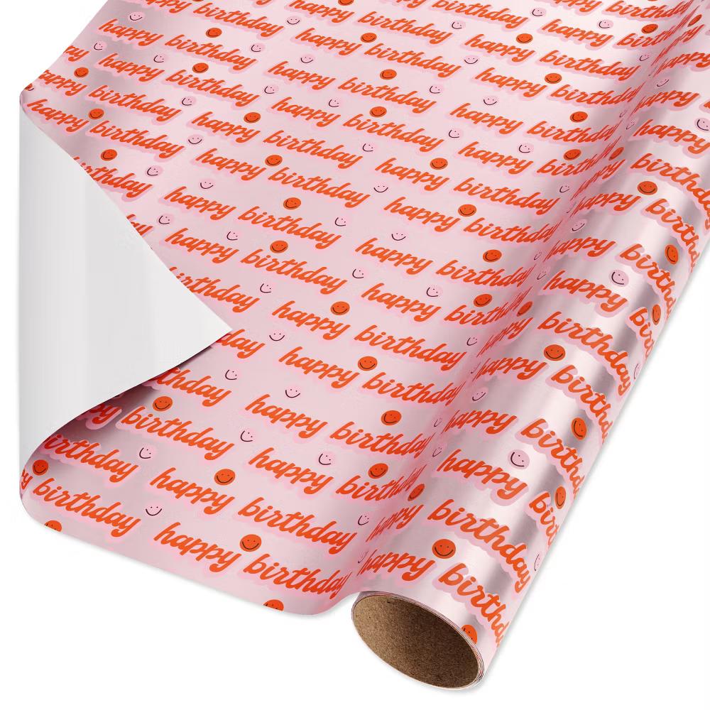 Happy Birthday Foil Wrapping Paper, Pink Smiley Faces 1 Roll 72"x30" - 15 sq ft - Designed by Spaghetti and Meatballs - Image 2