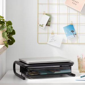 Mesh Monitor Stand with Drawer Black - Metal Monitor Riser, Desk Accessories, No Assembly Required