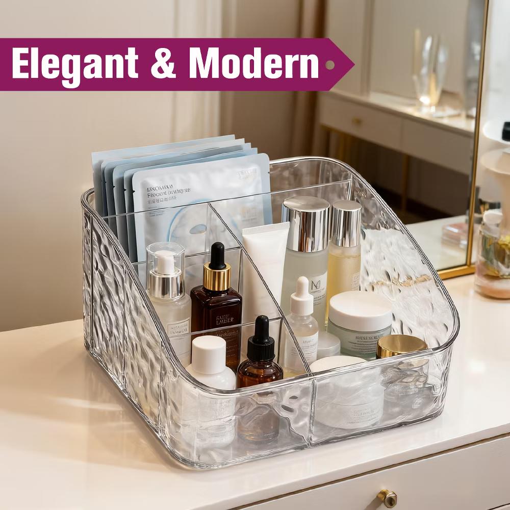 Mber Makeup Brush Holder Organizer, Makeup Brushes Holder for Vanity Skincare Cosmetic Organizer, Acrylic Desk Organizer for Makeup with 5 Compartment - Image 5