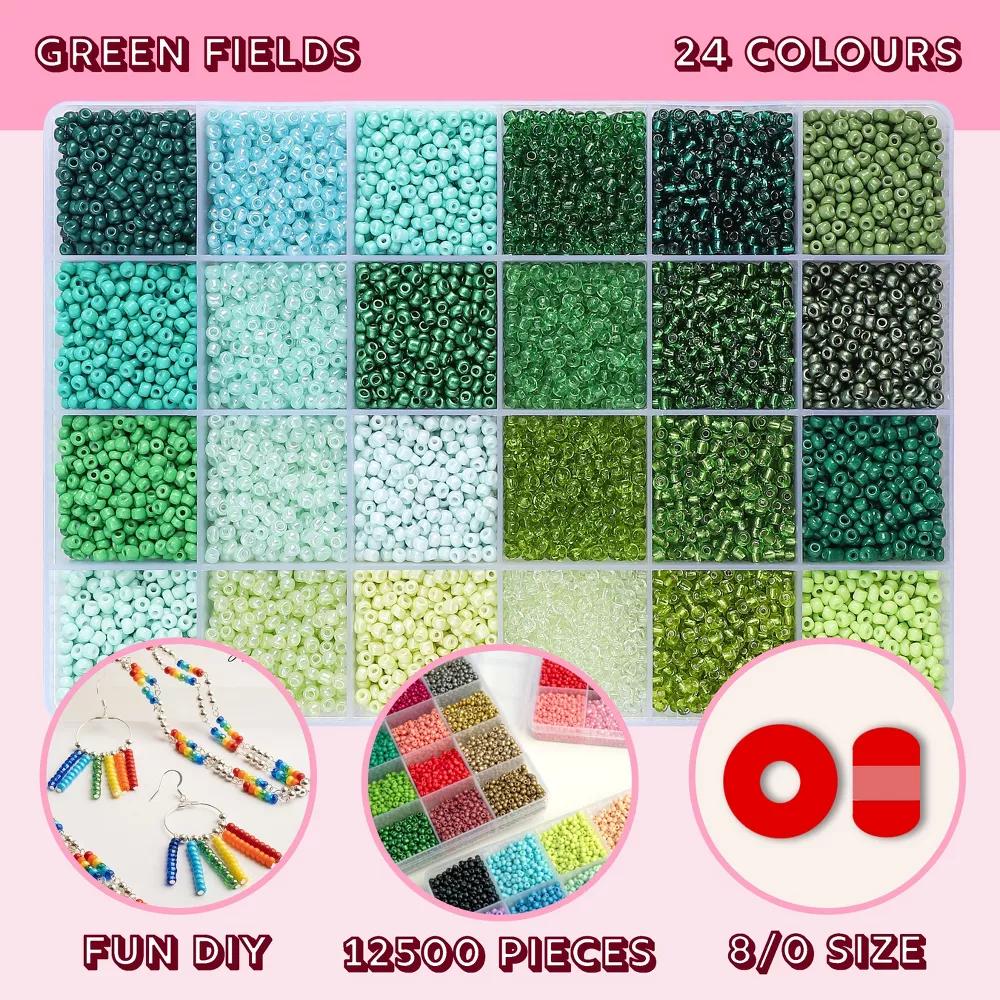 12500pcs Assorted Glass Seed Beads 8/0, 24 Colors Green Fields Palette Round Bead for DIY Crafts Jewelry Making Bead Box - Image 9