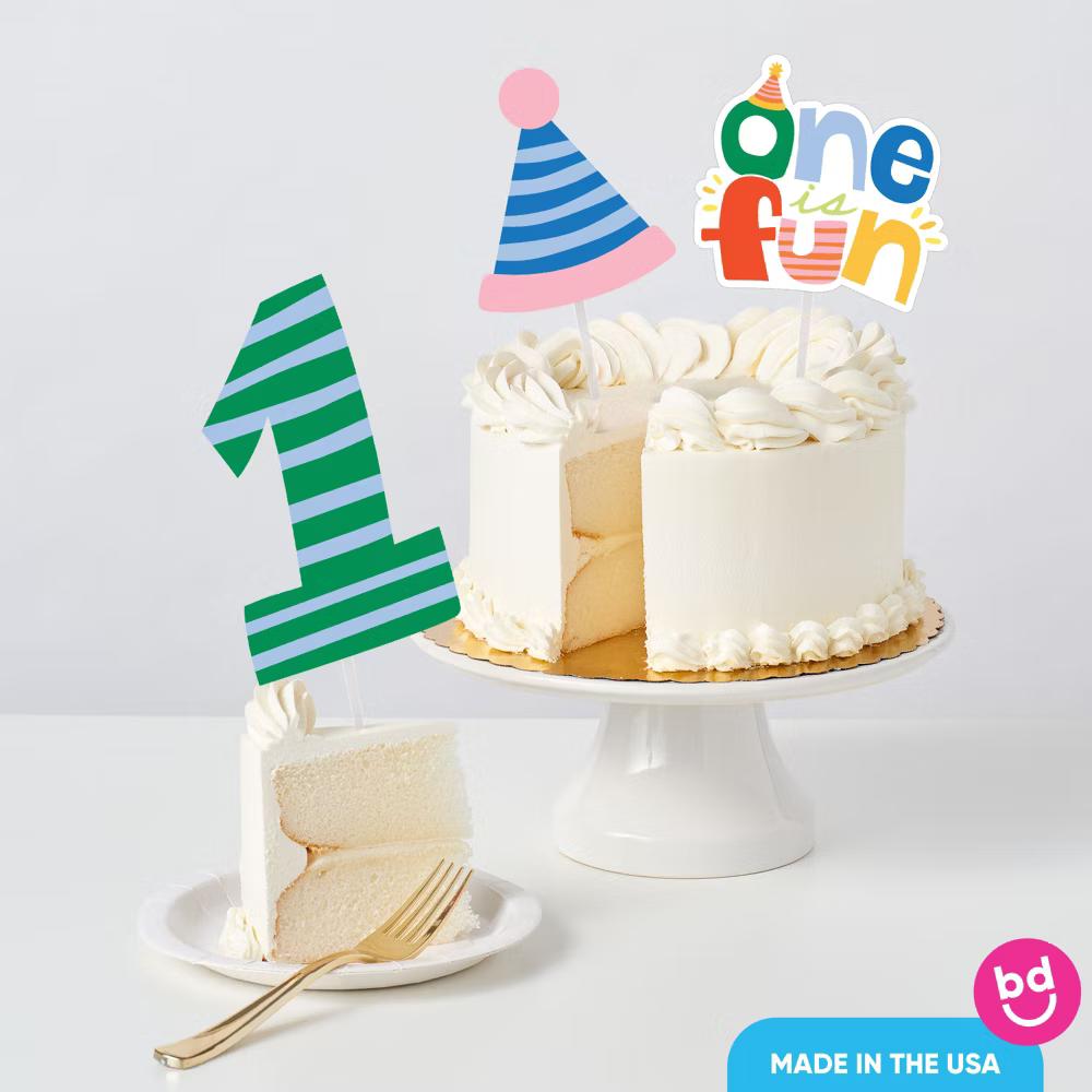 One is Fun 1st Birthday Cake Topper Set, Colorful Smash Cake Dessert Decorations, First Birthday Party Supplies – 3 Count - Image 2