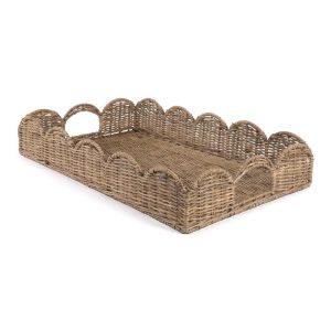 happimess Scalloped 21.5" Southwestern Cottage Hand-Woven Rattan Tray with Handles