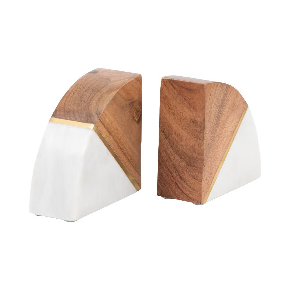 Stylish Curved Marble Book Ends with Wood Accent - Modern Bookend for Home Library, Desk, or Coffee Table Decor - Set of 2, 5", White & Brown - Image 10