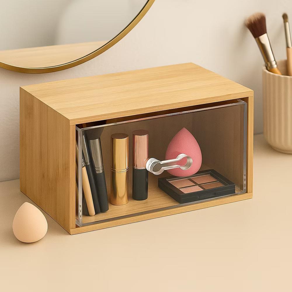 Bamboo Makeup Organizer with Clear Acrylic Drawer, Compact Single Drawer Bamboo Storage Box for Cosmetics & Skincare, Space-Saving Vanity Organizer - Image 3