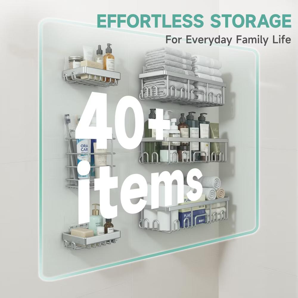 Veken Shower Caddy 6 Pack, No Drill Rustproof Waterproof Adhesive Shelf Organizer, Large Capacity Wall Mount Bathroom Rack for Kitchen Home - Image 5