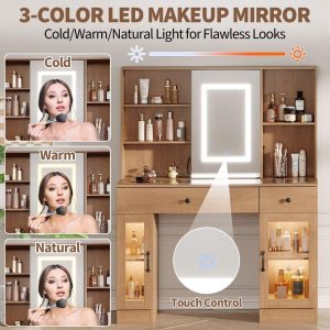 Sliding Mirror Makeup Vanity Desk with LED Lights, Multiple Drawers Shelves and USB Charging Ports