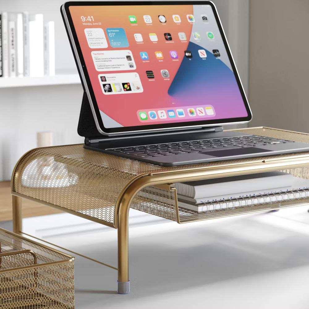 Martha Stewart Ryder Gold Mesh Metal Desktop Monitor Stand Riser with Organizer Drawer and Side Storage - Image 8