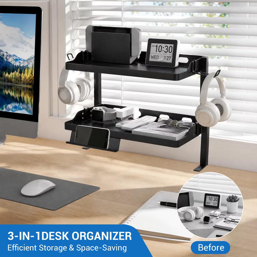 Adjustable 2-Tier over or Under Desk Mount Storage Rack –Multi-Functional Desktop and Under Desk Shelf Tray for Office Supplies - Image 6