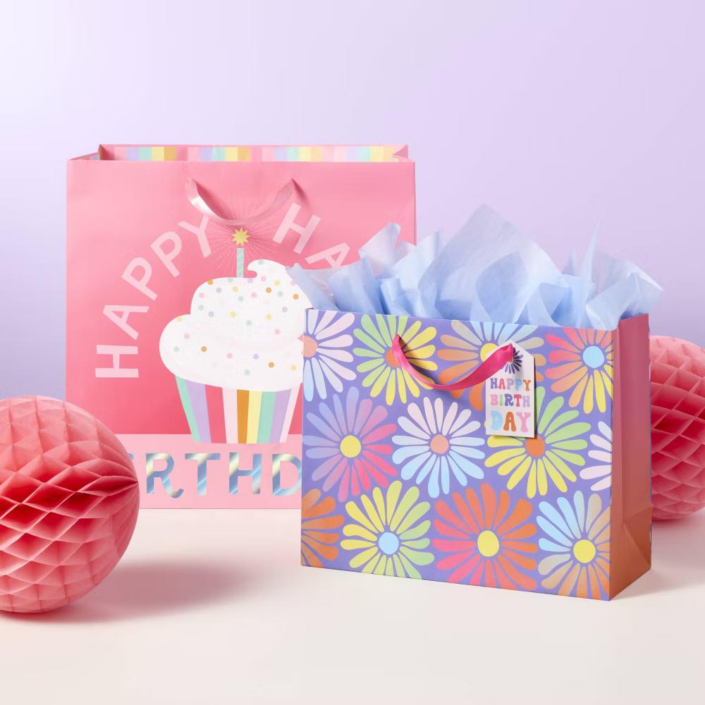 Large Square 'Happy Happy Birthday' Cupcake Gift Bag Pink - Pink, Paper, 15"x15"x10", Large, Gender Neutral - Image 3