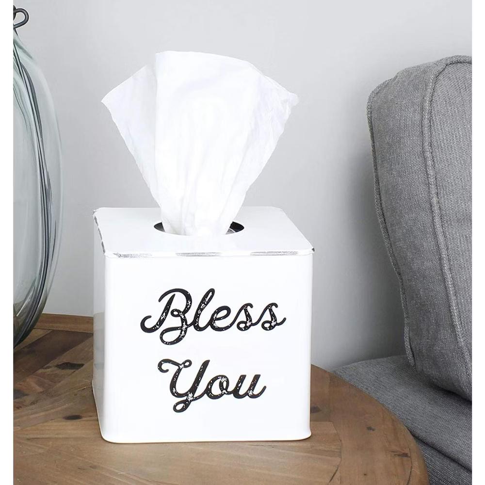AuldHome Design White Tissue Box Cover; Enamelware Square Distressed Farmhouse Vintage Style Decor Tissue Holder - Image 6