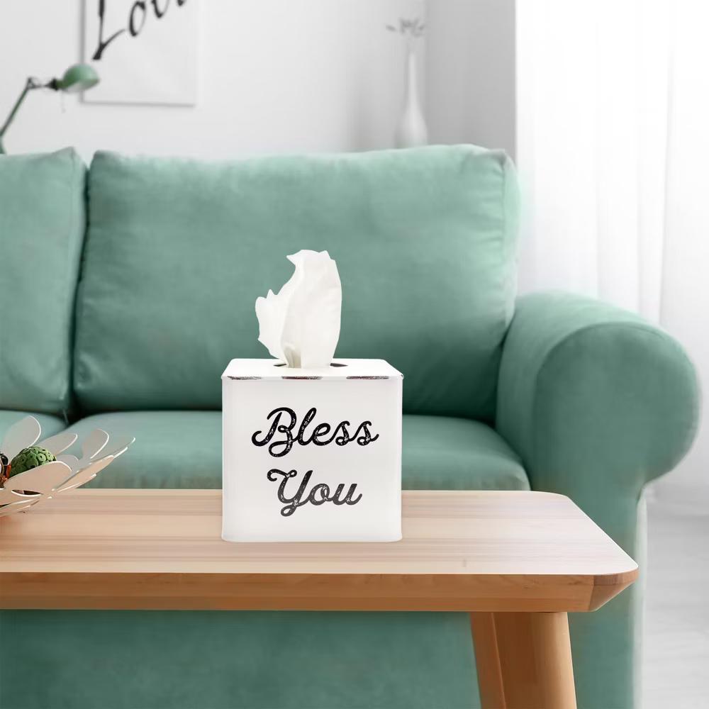 AuldHome Design White Tissue Box Cover; Enamelware Square Distressed Farmhouse Vintage Style Decor Tissue Holder - Image 8