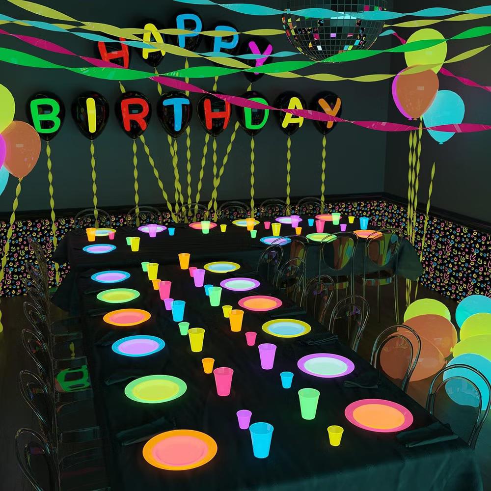 Exquisite Black Light Glow Party Disposable Plates: Assorted Neon Colors-6 colors -9 Inch