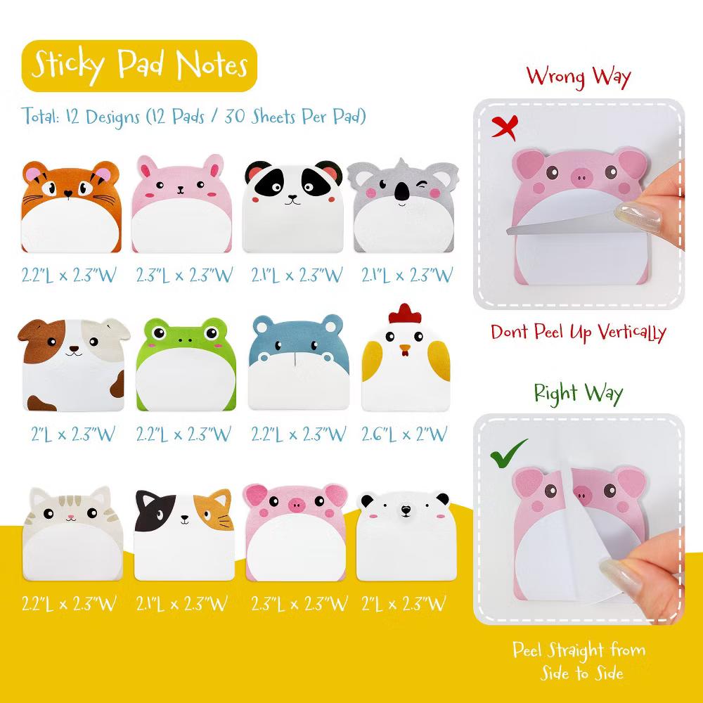 Cute Talking Cartoon Animals Sticky Notes, Adhesive Memo Notepads for Home, Office, Work (Set of 12) - Image 3
