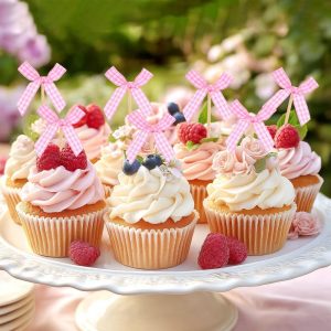 Non Edible Cupcake Toppers Bow Design Durable Cake Topper 60 Pcs Pink