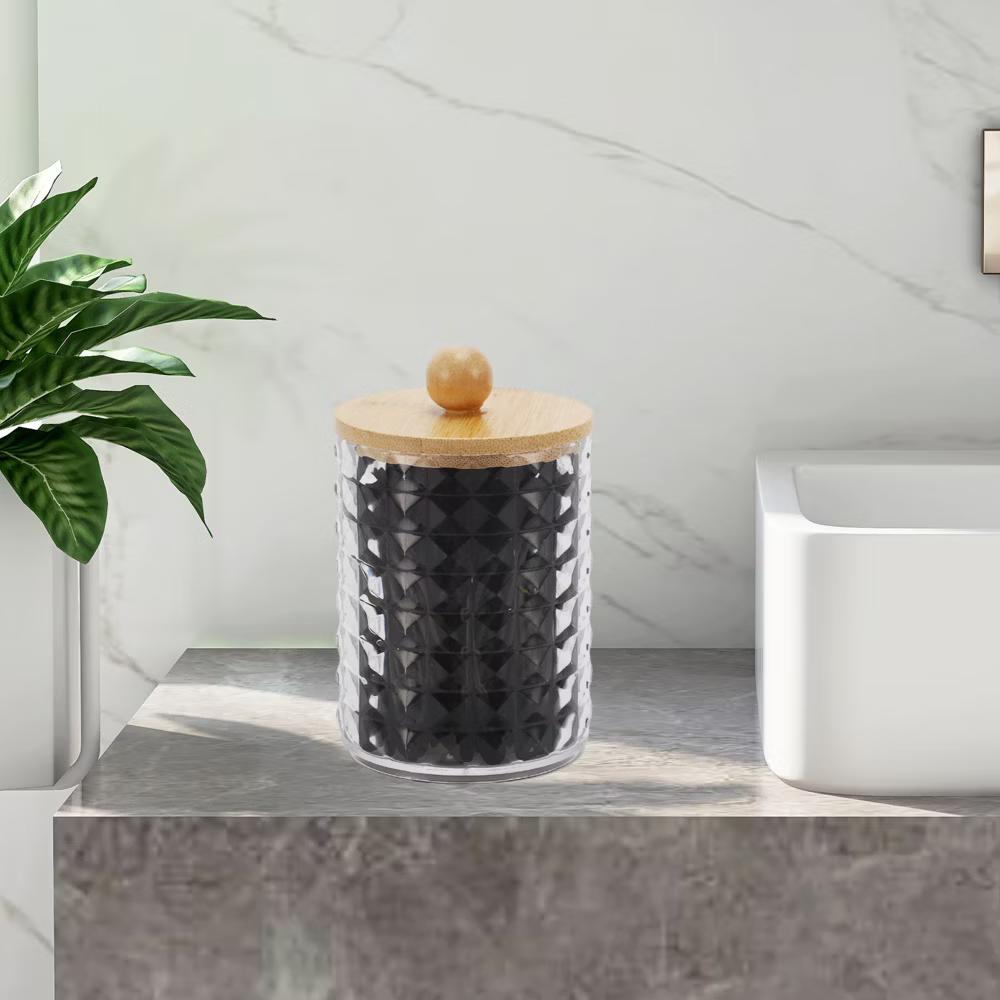 Square Diamond Pattern Acrylic Bamboo Wood Cotton Swab Jar Clear Wood Color 1 Pc - Image 2