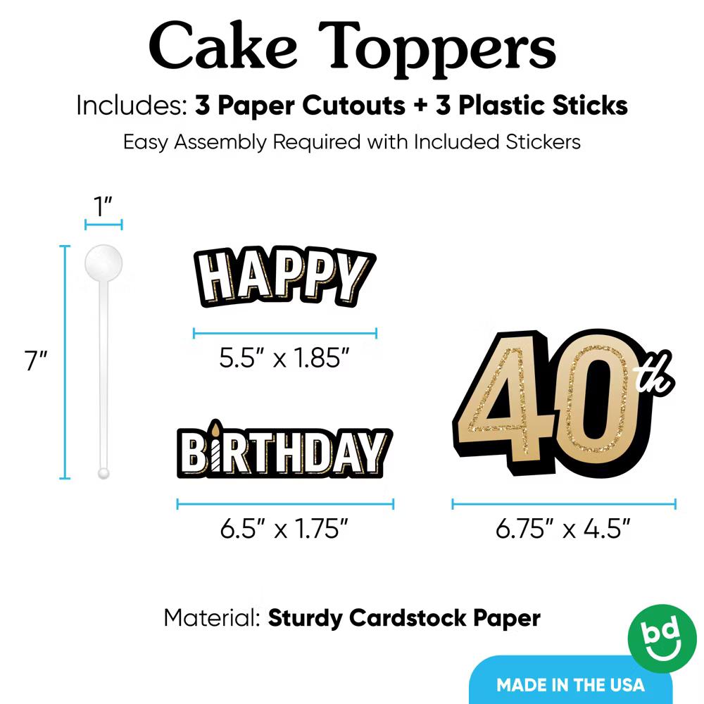 40th Birthday Cake Topper Set, Black and Gold Happy 40th Birthday Party Decorations for Adult Milestone Celebrations - Image 5