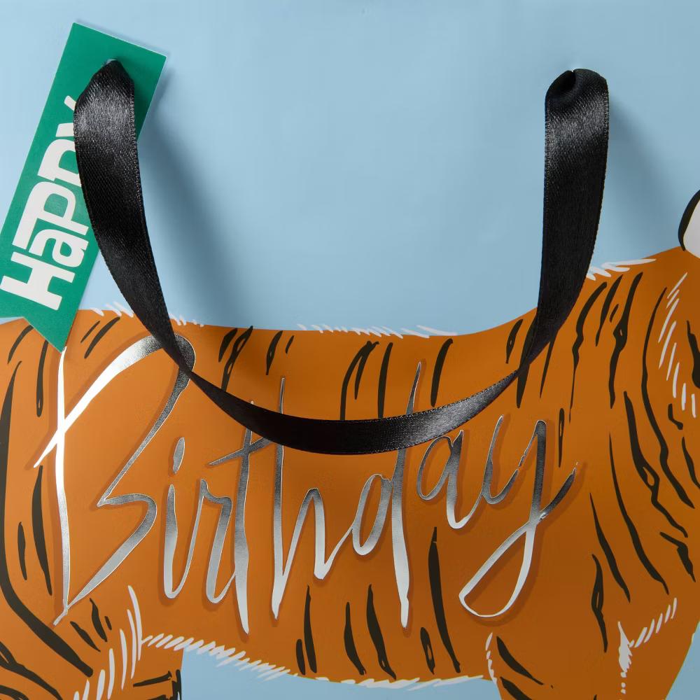 Medium Tiger 'Happy Birthday' Gift Bag with Tag Blue/Orange
