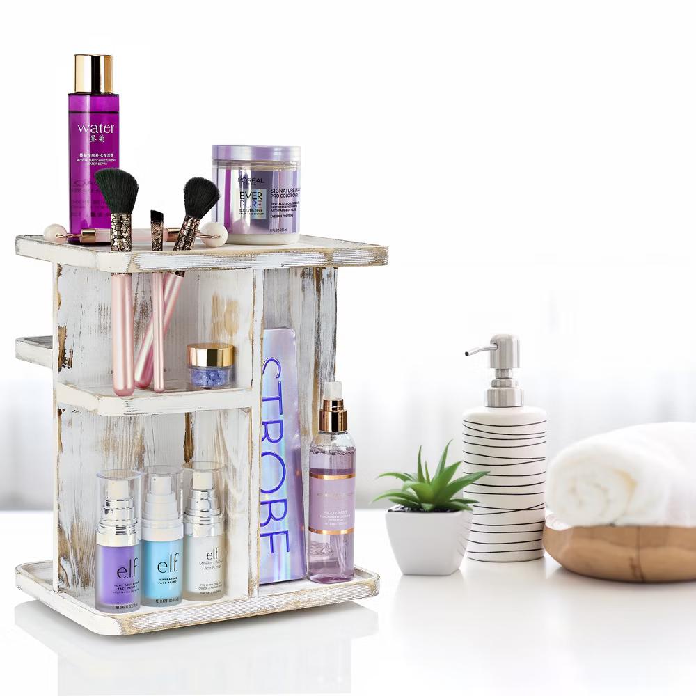 360° Bamboo Rotating Makeup Organizer - Multi-Function Storage Carousel stores Cosmetics, Skin Care, and more - Image 2