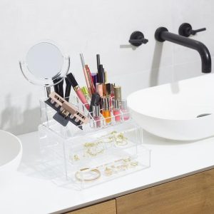 Clear Makeup Organizer with Vanity Mirror, 15 Easily Sort Compartments & 2 Drawers, Acrylic Compact Makeup Organizer for Cosmetics & Jewelry