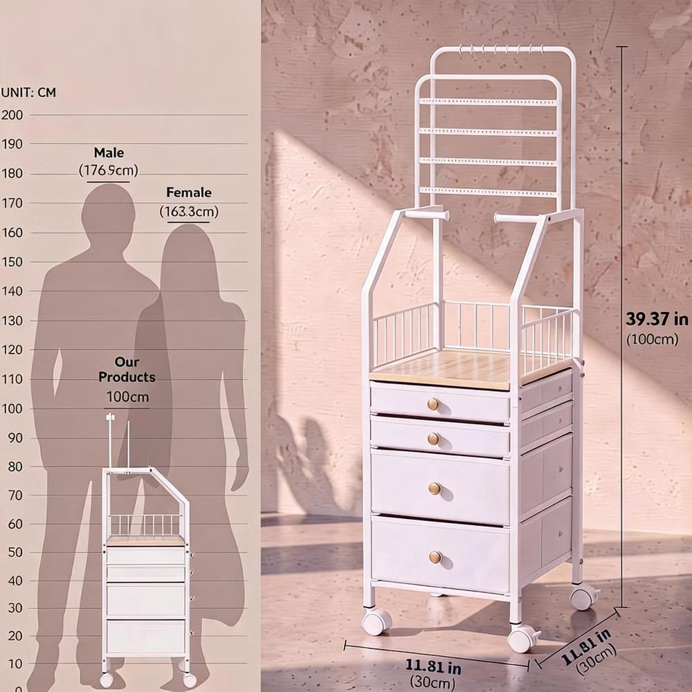 Rolling Makeup Vanity Cart and Jewelry Organizer with Drawers and Hooks - Multifunctional Cosmetics Storage Tower - Image 6