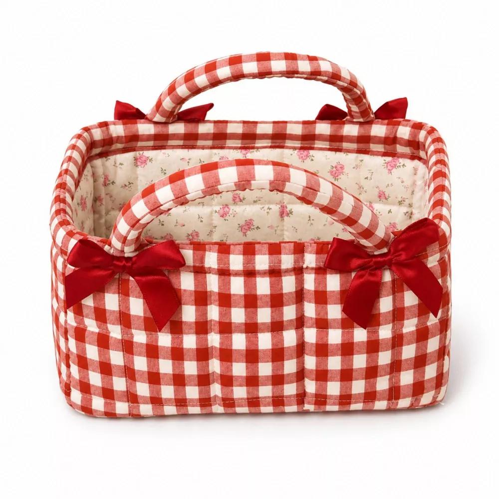 Quilted Gingham Storage Caddy with Handles Bow Accent for Makeup Vanity Dorm Bathroom Organizer - Image 4