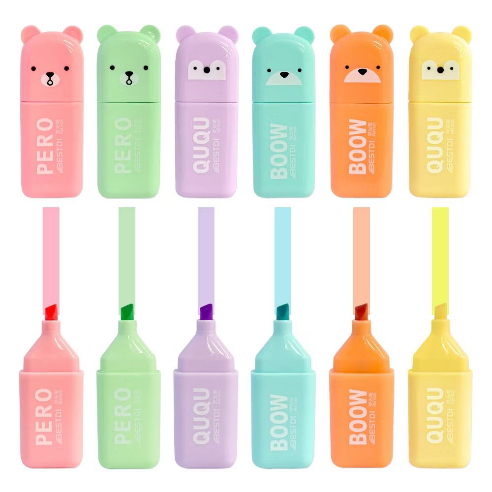 Cute and Colorful Highlighters, Marker Pens, Stationery Supplies (Set of 6), Bears
