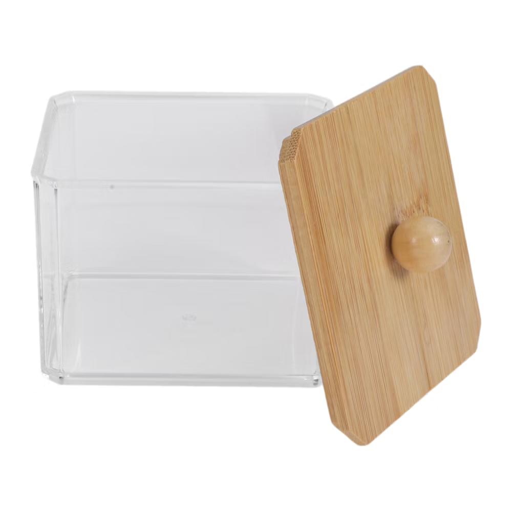 Square Bamboo Cover Acrylic Cotton Swab Holder Bathroom Transparent Wood-Tone 1 Pc - Image 11
