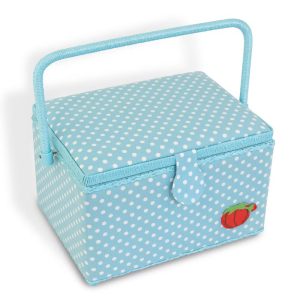 Large Sewing Basket Kit Aqua Dots: Cotton Organizer for Adults, Travel Size, 11.5" 8.75" 7.5"