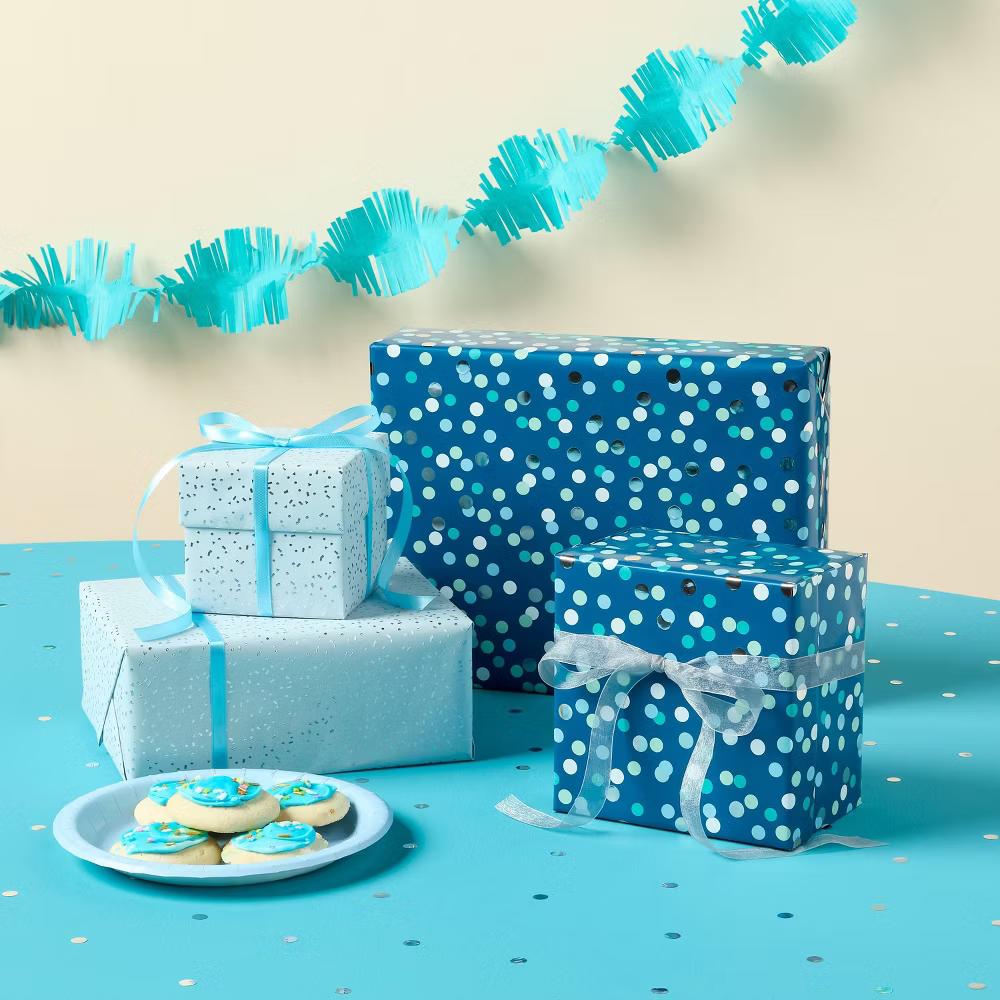96"x30" Foil Confetti Print Wrapping Paper Blue/Silver - Image 2
