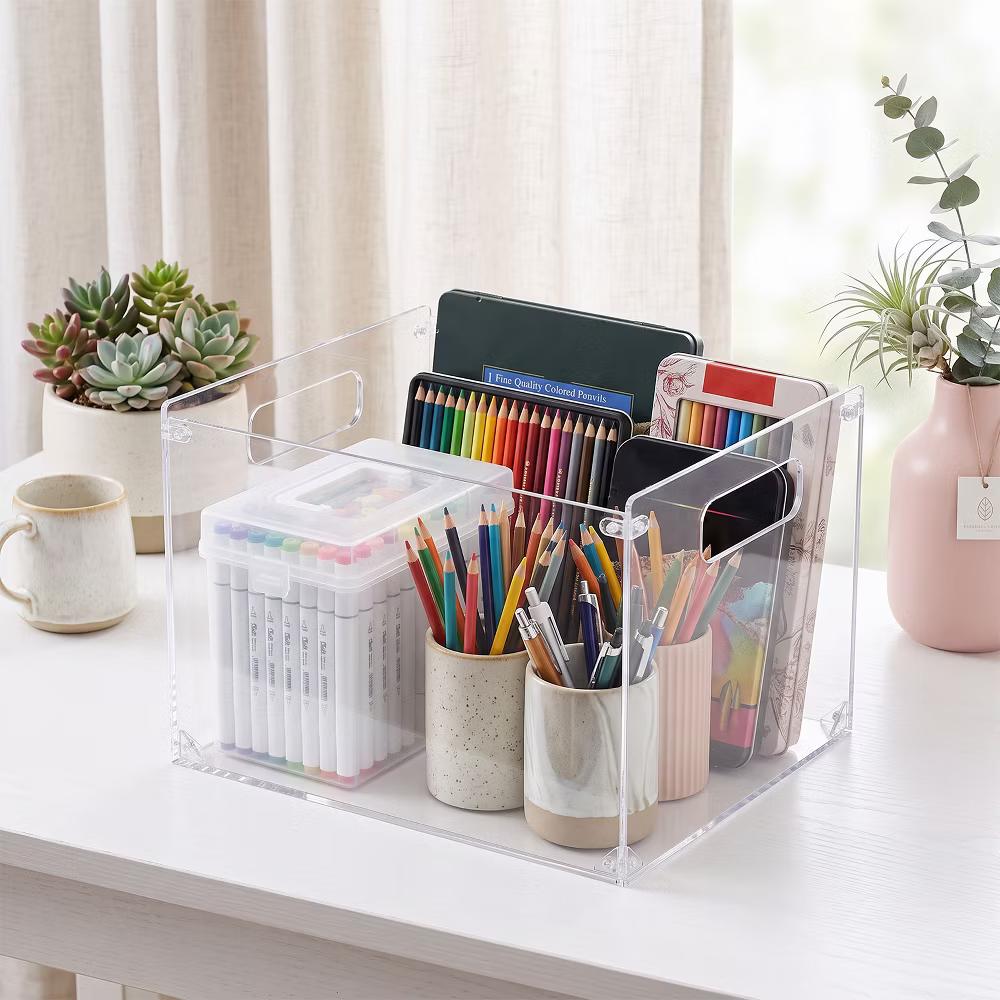 Clear Acrylic Assemble‑Style File Storage Box, Multi‑Purpose Desktop Organizer with Built‑in Carry Handles for Office Home