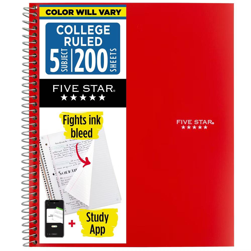 Five Star 5 Subject College Ruled Spiral Notebook (Colors May Vary): School Supplies, 3 Hole Punched, Flexible Cover, 200 Pages - Image 2