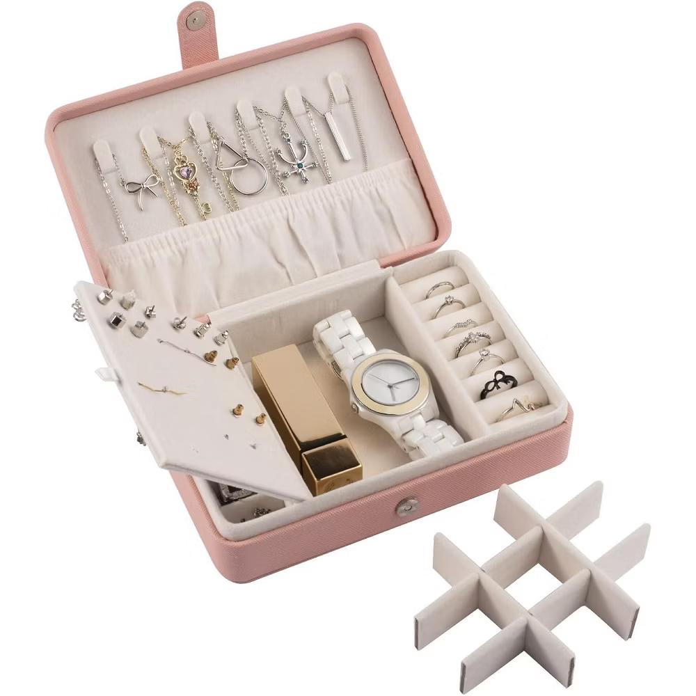 Zodaca Pink Jewelry Travel Organizer Case, Portable Storage Box Holder for Rings Earrings Necklaces, Gifts for Women - Image 4