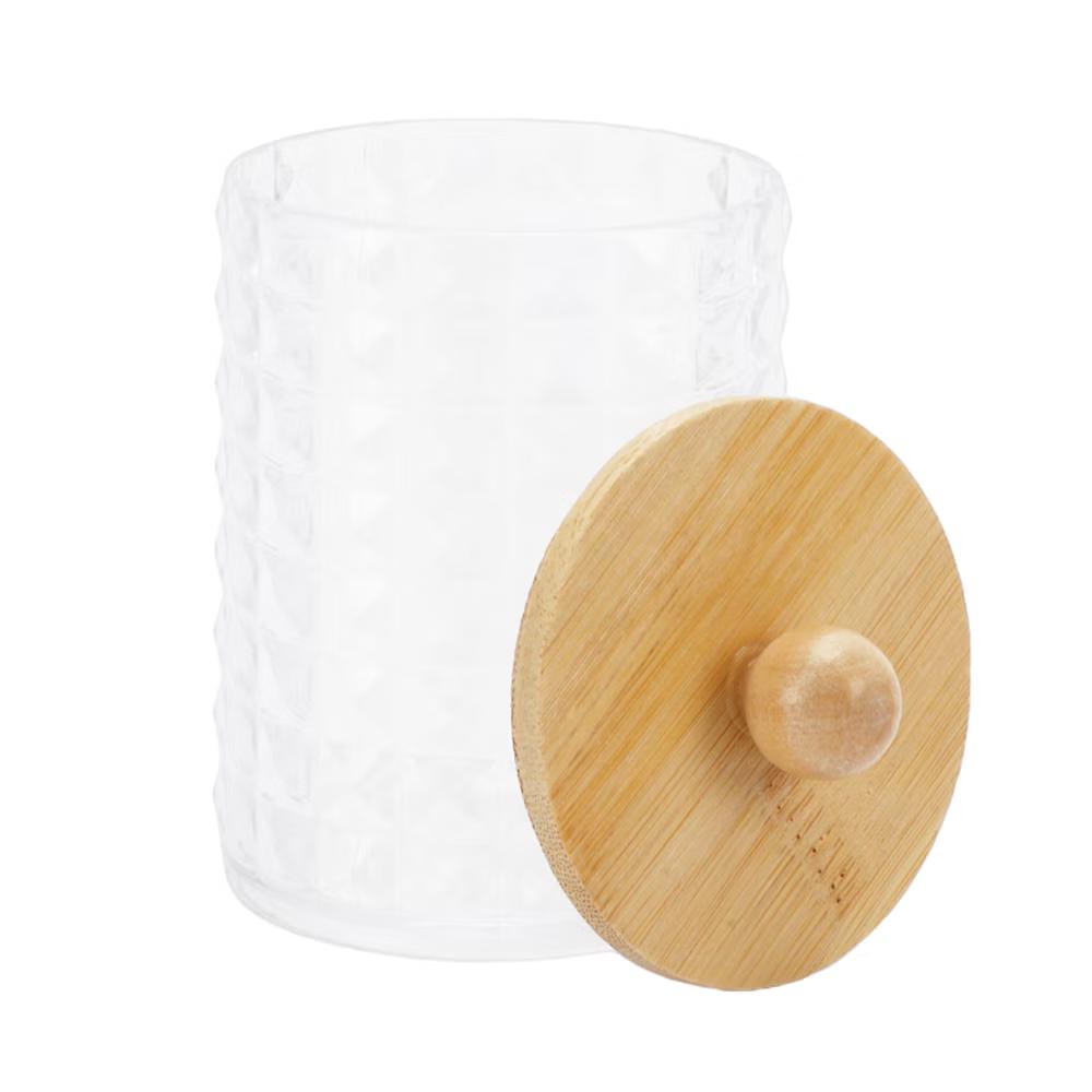 Square Diamond Pattern Acrylic Bamboo Wood Cotton Swab Jar Clear Wood Color 1 Pc - Image 5