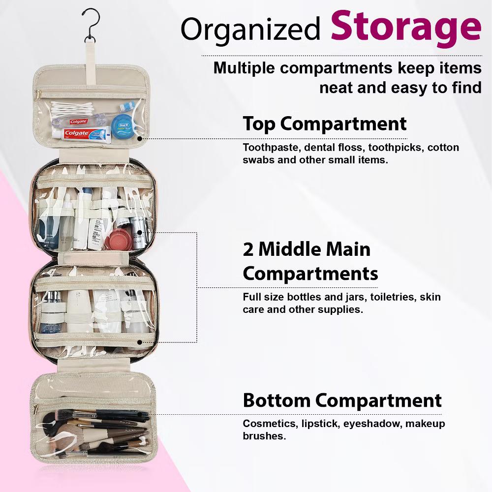 Mber Travel Toiletry Bag Hanging, Travel Makeup Bag, Large Hanging Toiletry Bags with Clear Compartments for Weekender Cosmetic Travel Bags, Pink - Image 5