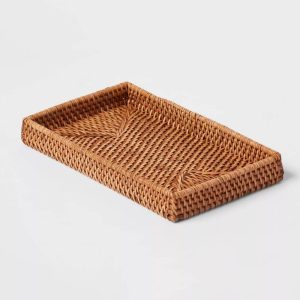 Rattan Tray Light Brown - Vanity Organizer, Spot Clean, Bathroom Accessory, 10.25" Width