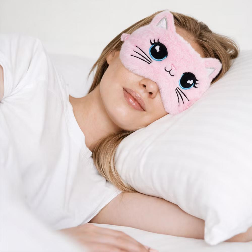Plush Cat Face Sleep Mask Soft Faux Fur Eye Cover with Embroidered Design Elastic Satin Strap for Comfortable Light Blocking - Image 2