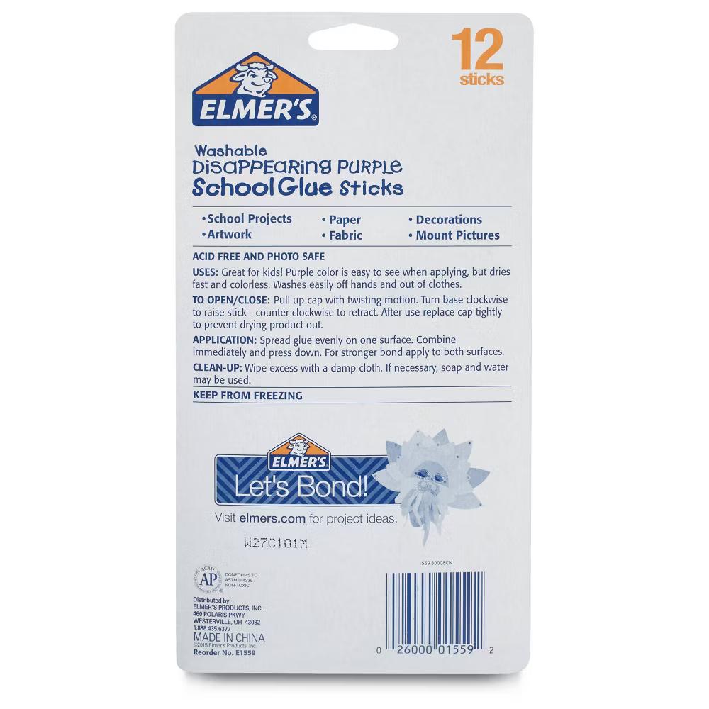 12pk Washable School Glue Sticks - Disappearing Purple: Non-Toxic, Dries Clear, Large Glue Sticks 12 Pack - Image 2