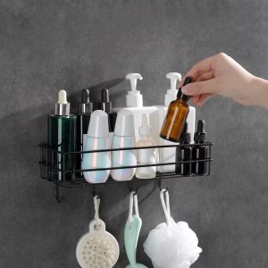 Adhesive Wall Mounted Bathroom Organizer Shelf, Rustproof Shower Caddy Basket with Hooks, No Drilling