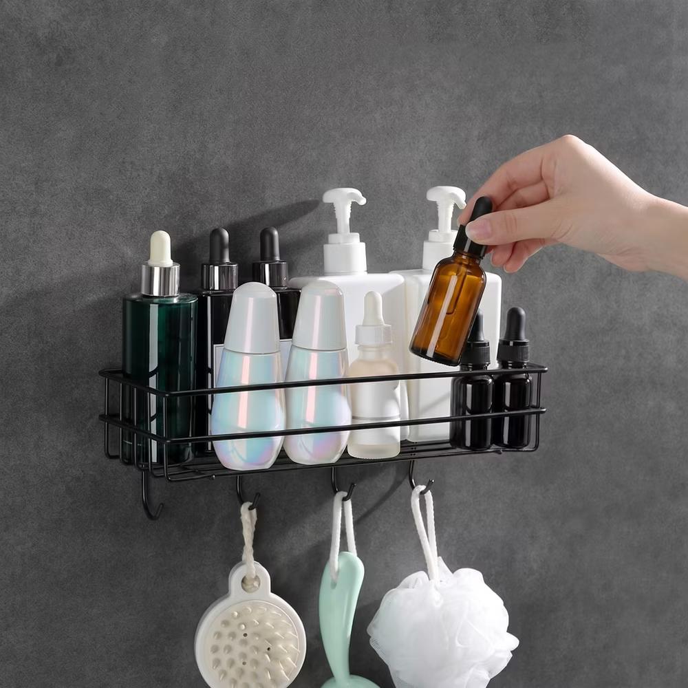 Adhesive Wall Mounted Bathroom Organizer Shelf, Rustproof Shower Caddy Basket with Hooks, No Drilling