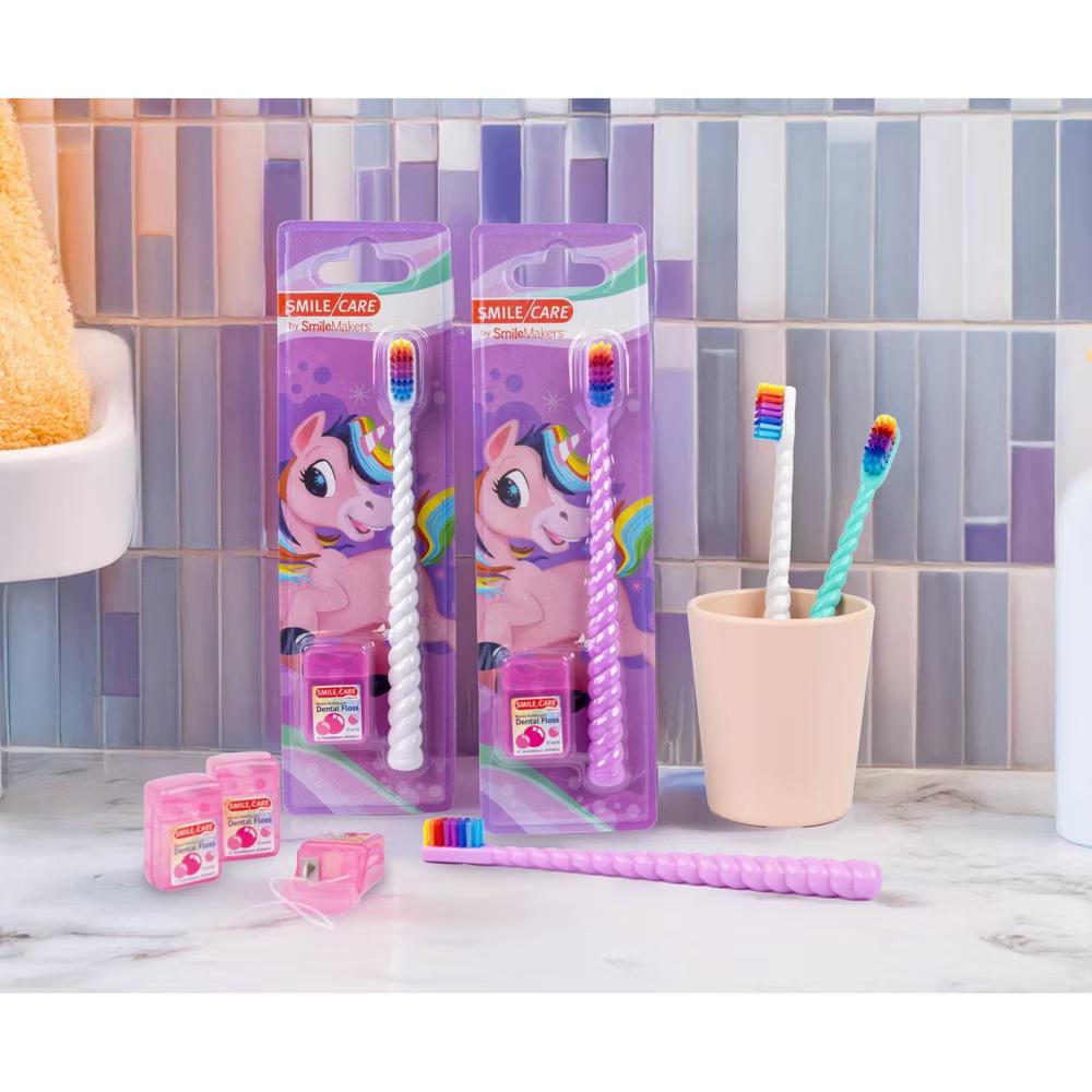 SmileMakers Kids Soft Manual Toothbrush & Floss Kit - Lavender Unicorn - Image 3