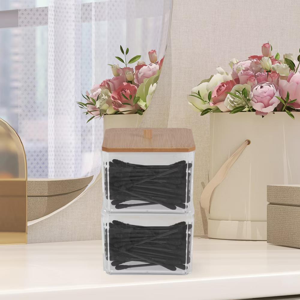 Square Bamboo Cover Acrylic Cotton Swab Holder Bathroom Transparent Wood-Tone 1 Pc - Image 5