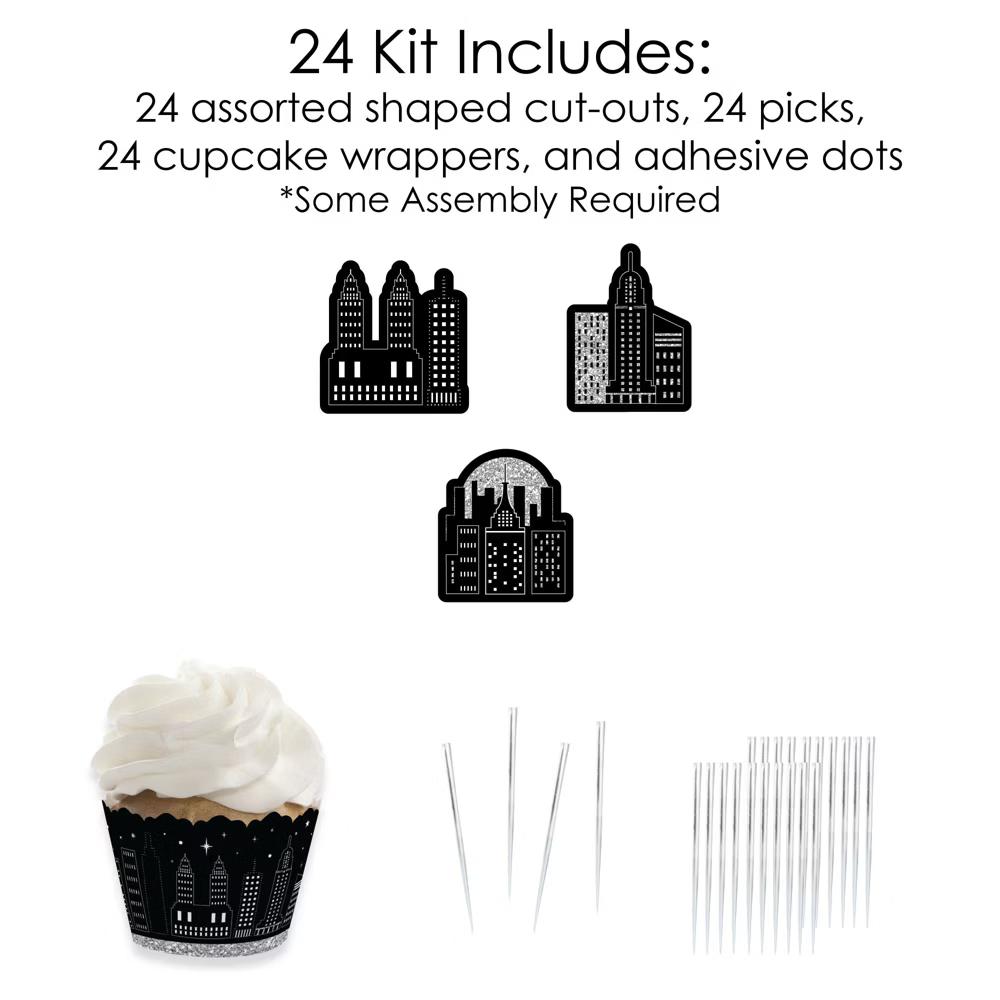 Nighttime City Skyline - Cupcake Decoration - New York Party Cupcake Wrappers and Treat Picks Kit - Set of 24 - Image 3