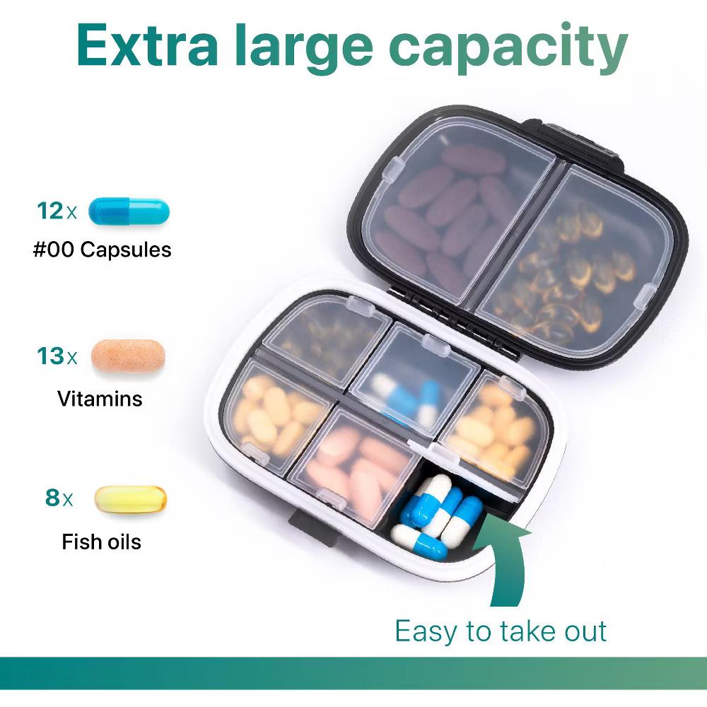 Sukuos Daily Use Pill Organizer Case, 8 Easy to Open Compartments-Large Portable Travel Pill Box, Medicine Container & Vitamin Holder - Image 2